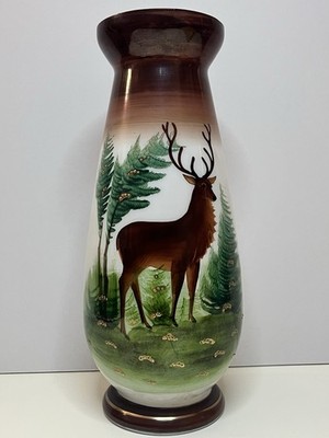 70er Jahre Vintage handbemalte Opalglas antike Kunst Hirsch im Wald 11'' Vase