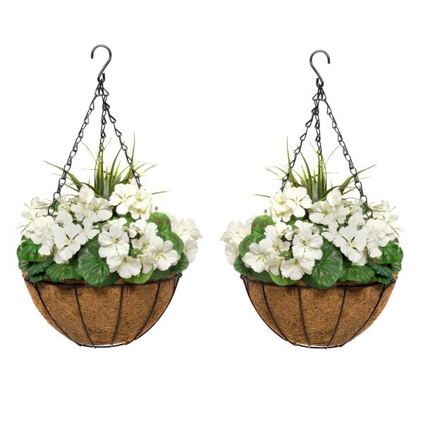 GreenBrokers 2x Artificial Hanging Baskets 25cm Coir with White Geraniums