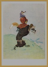 1975 Fairy Tale FOX Riding WOLF Rachev Soviet Russian Children ART USSR Postcard