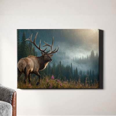 Dawn Misty Forest Elk Wildlife Scene Framed Canvas Print 24x16inch