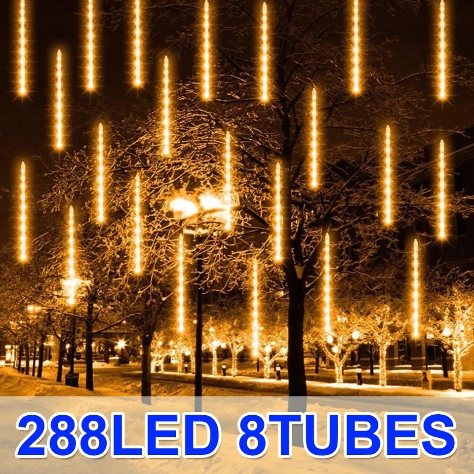 Luces de Navidad solares para lluvia de meteoros al aire libre 8 tubos 288 LED cadena de luces LED Foto 4 de 4