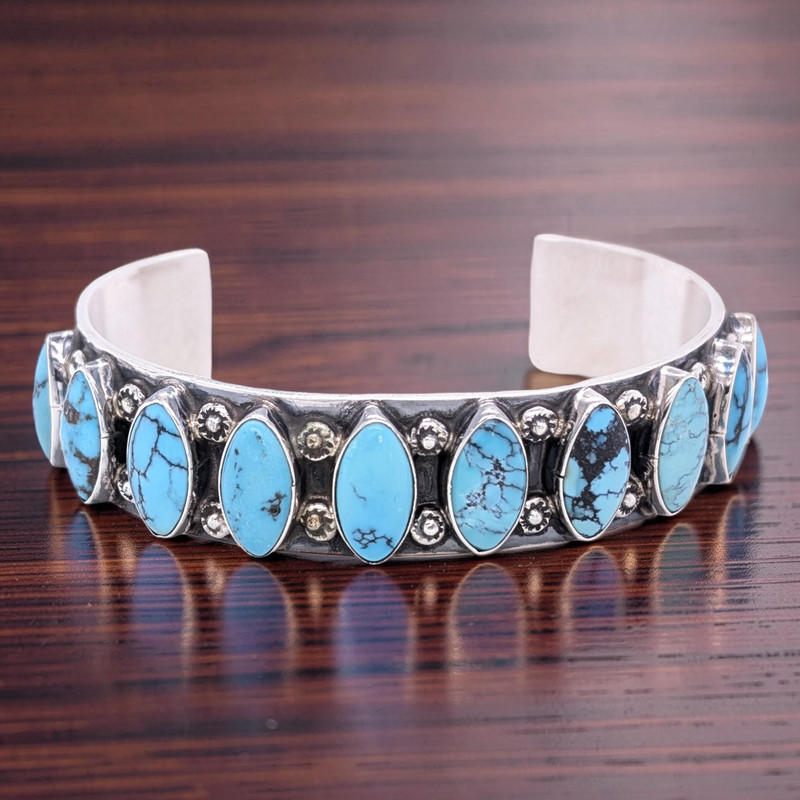 NATIVE AMERICAN STERLING SILVER MARQUISE NATURAL TURQUOISE 7.25" BRACELET #7815