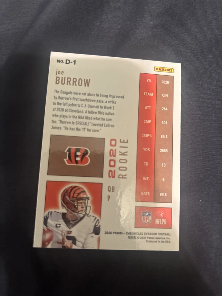 2020 Panini Chronicles - Dynagon Rookies Joe Burrow #D-1 (RC) - Image 2 of 2