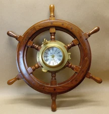 Vintage Brass And Wood Clock “Ship's Time” Ships Wheel 19” Working Condition
