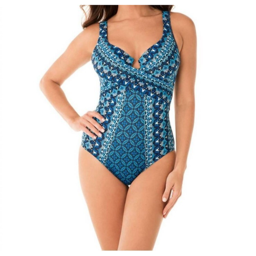 Miraclesuit Mosaica Escape Swimsuit One-Piece Slimming Criss Cross Blue Women 8