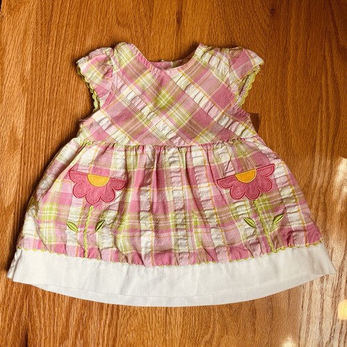 Y2K Baby Girls Madras Seersucker Dress Flower Appliqué Preppy Boho Party 3-6 Mos - Picture 2 of 4