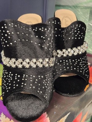 Italina Black Rhinestone Block Heel Slip-On Open Toe Mules Women's Shoes 6