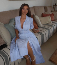 ZARA NUOVO ABITO CAMICIA DONNA A RIGHE ZW COLL POPELINE CON CINTURA BLU 2640/596/104 S