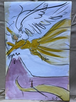 SALVADOR DALI drawing and painting on old paper signed stamped vintage