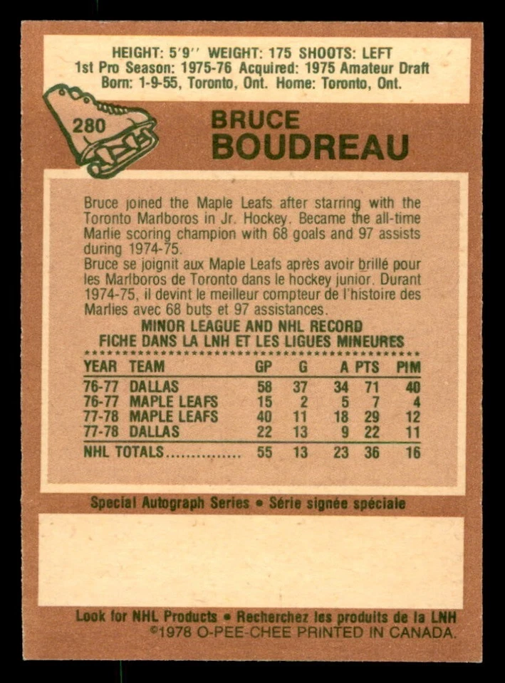 1978 OPC O-Pee-Chee Hockey #280 Bruce Boudreau NM *e1 - Image 2 of 2