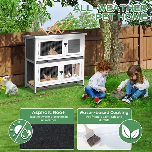 Wood 2 Story Solid Rabbit Hutch Bunny Cage with 2 Large Main Rooms Rabbit House - Picture 19 of 19