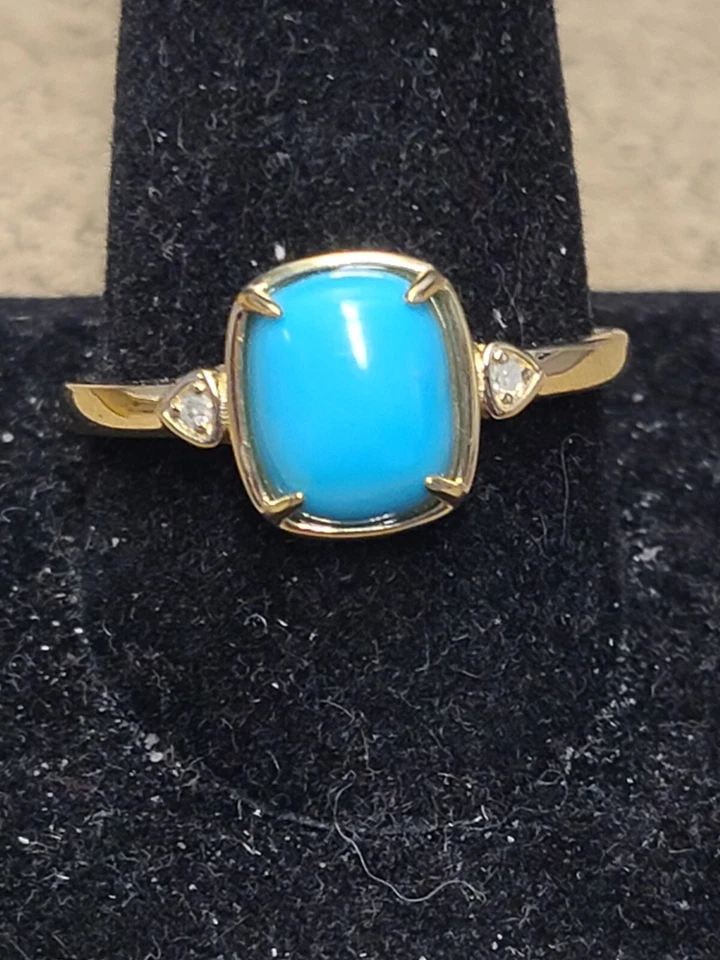 Anillo de oro amarillo de 10 k turquesa de la Bella Durmiente azul con diamantes blancos 0,02 ctw Foto 2 de 4