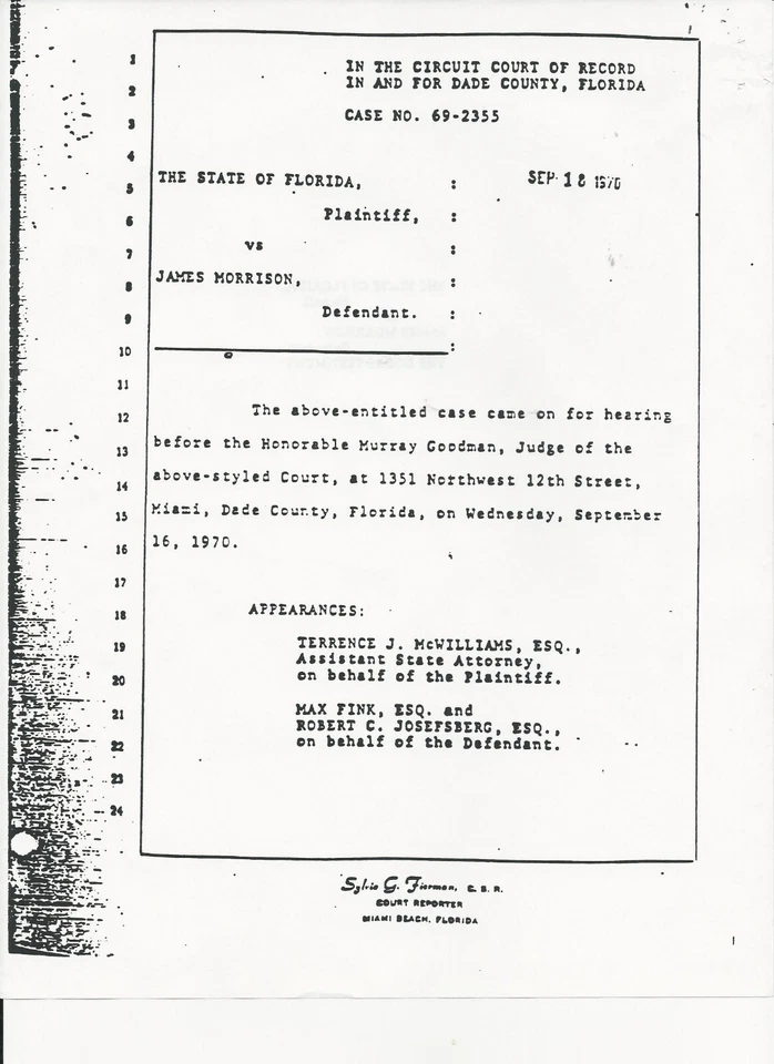 Jim Morrison - Copy of Transcript Trial in Miami on 09/17/1970 - The Doors - Image 3 of 4