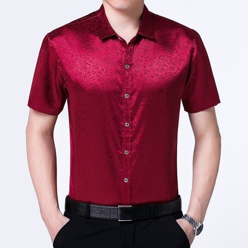 Men Silk Satin Floral Dress Shirts Fit 