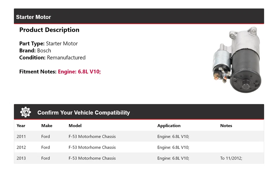 Chasis de arranque Bosch 6,8 L para autocaravana Ford F-53 2011-2013 (remanufacturado) Foto 2 de 4