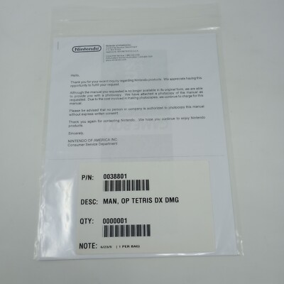 Rare Direct From Nintendo Manual & Correspondence (Tetris DX Gameboy)