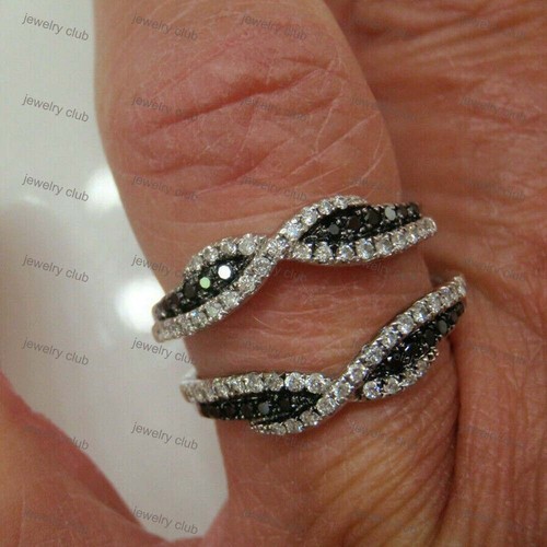 1.50 Ct Round Black & White Simulated Diamond Enhancer Band Ring Sterling Silver - Picture 4 of 7