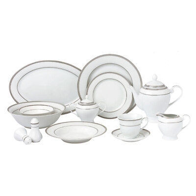 Elegant 57 Pieces Porcelain Dinnerware Set for 8 People - Ashley, Silver Border