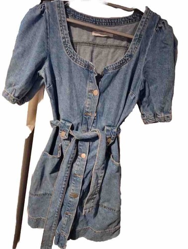 Michelle Keegan Denim Dress Size 6 UK Puff Sleeve Button Up Belted Mini Sexy - Picture 13 of 13