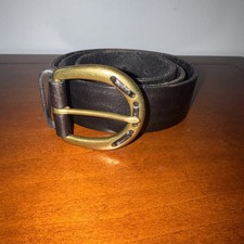 Vtg Ralph Lauren Brass Horseshoe Black Leather Belt 32"