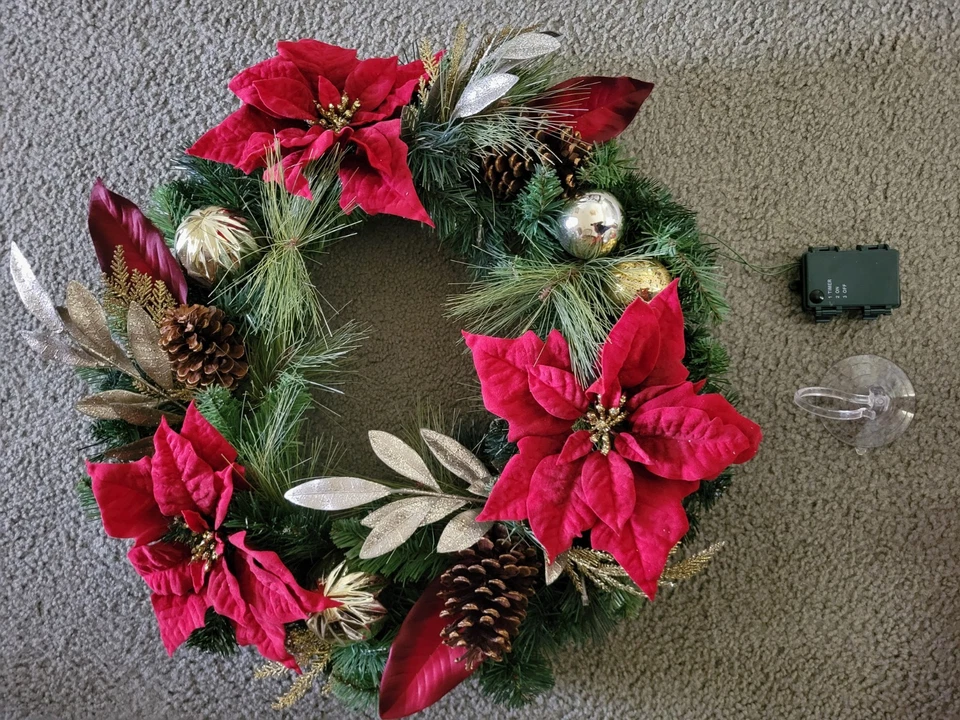 24" PreLit Christmas Wreath with Poinsettias, Pinecones, Ornaments  Storage Box. - Image 3 of 4