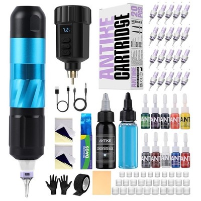 Tattoo Maschine Set, kabellos, LED Akku, 20 Nadeln, Farben, Starter