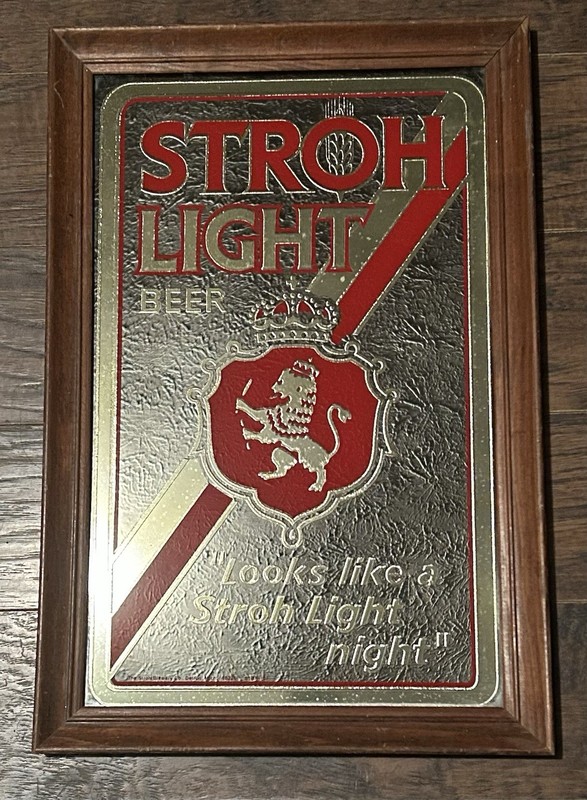 Vintage Stroh Light Beer Bar Mirror 21 x 14 Wood Framed Wall Hanging Sign
