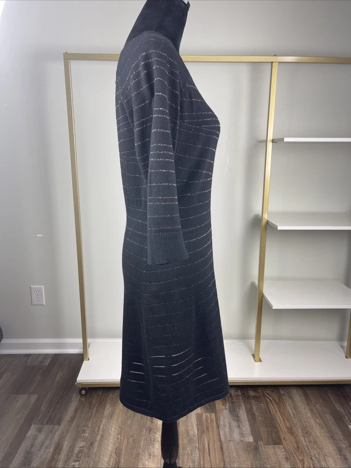 White House Black Market Black Knit Dress w/ Subtle Metallic Stripes – Size M - Image 4 of 4
