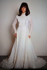 Vtg 60s Victorian Edwardian Lace Beads Bridal Gown w Train Wedding Dress XS 26"W