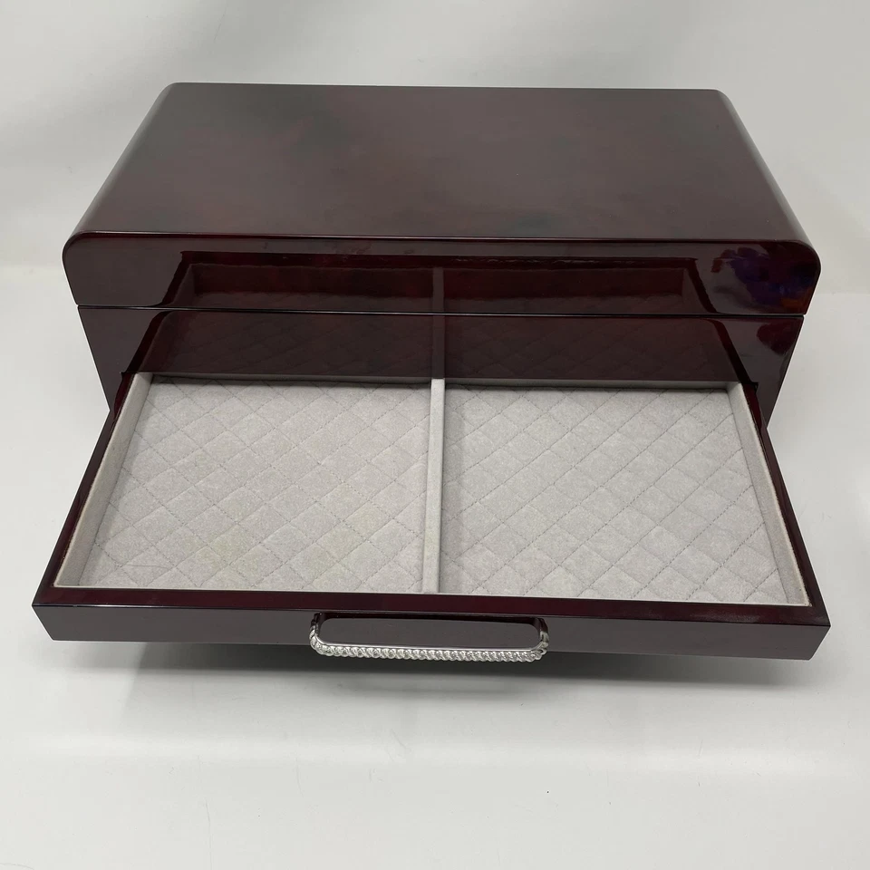 Wood Jewelry Box 2 Drawer Gloss Mahogany Quilted Lined Organizer Chest - Image 3 of 4