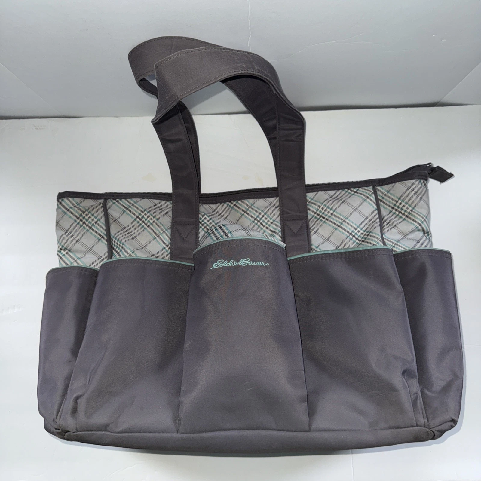 Eddie Bauer Gray Blue White Plaid Baby Diaper Bag W/ Changing Pad Vintage 19x12”
