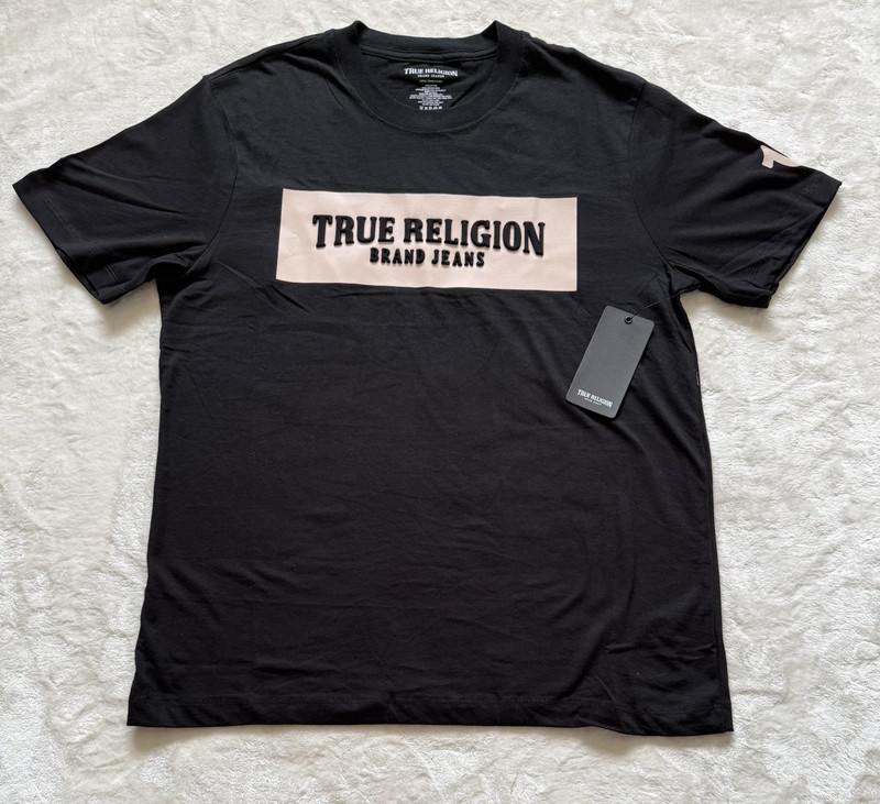 True Religion Brand Jeans Embossed Box Arch SS Tee T-Shirt Black Mens LG - NEW!