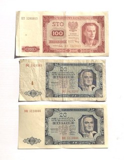 3 X 1948 POLISH ZLOTY BANKNOTES: 100 STO & 20 DWADZIESCIA ZLOTYCH PAPER CURRENCY