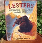 Lesters Americas Cheapest Ammunition Tin Metal Sign Vintage Garage Classic Bear