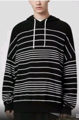 All Saints Reverb Striped Hooded Wool Blend Sweater Oversized Mens Small Black 
