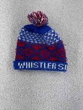 Zara Beanie Toque Youth One Size Blue Red Whistler Cotton Pom Knit Show Ski