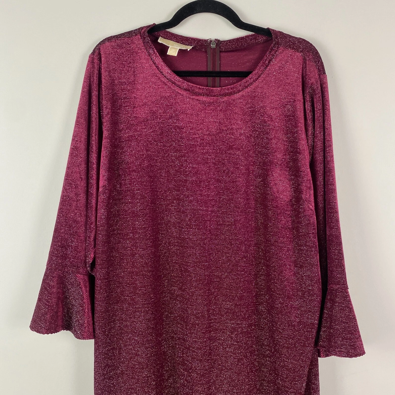Abito Michael Kors Borgogna Merlot Metallizzato Scintillante Taglie Forti 2X Manica a Campana