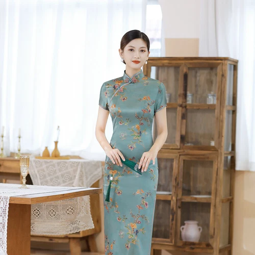 Chinese Traditional Silk Qipao Dress Summer Long Cheongsam Women Stage Costumes - Picture 8 of 25
