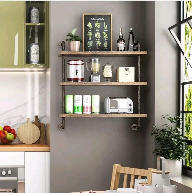 3 Tier Industrial Pipe Shelf Rustic Wood Floating Shelves,Wall Display Bookshelf - Image 2 of 4