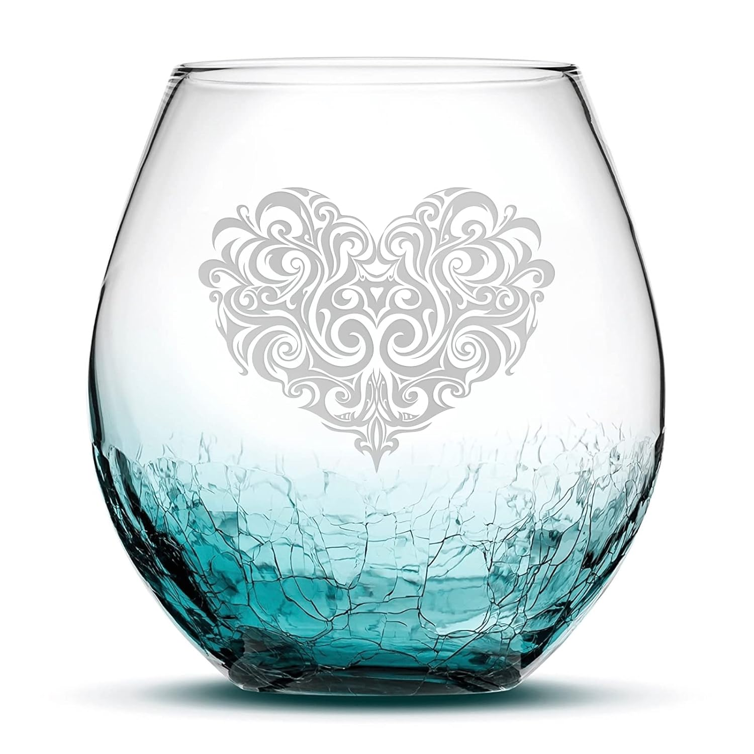 Handmade Tribal Heart Stemless Wine Glass with Handblown Etched Design