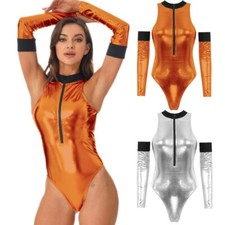Women's Shiny Patent Leather Astronaut Costume High Cut Bodysuit with Oversleeve