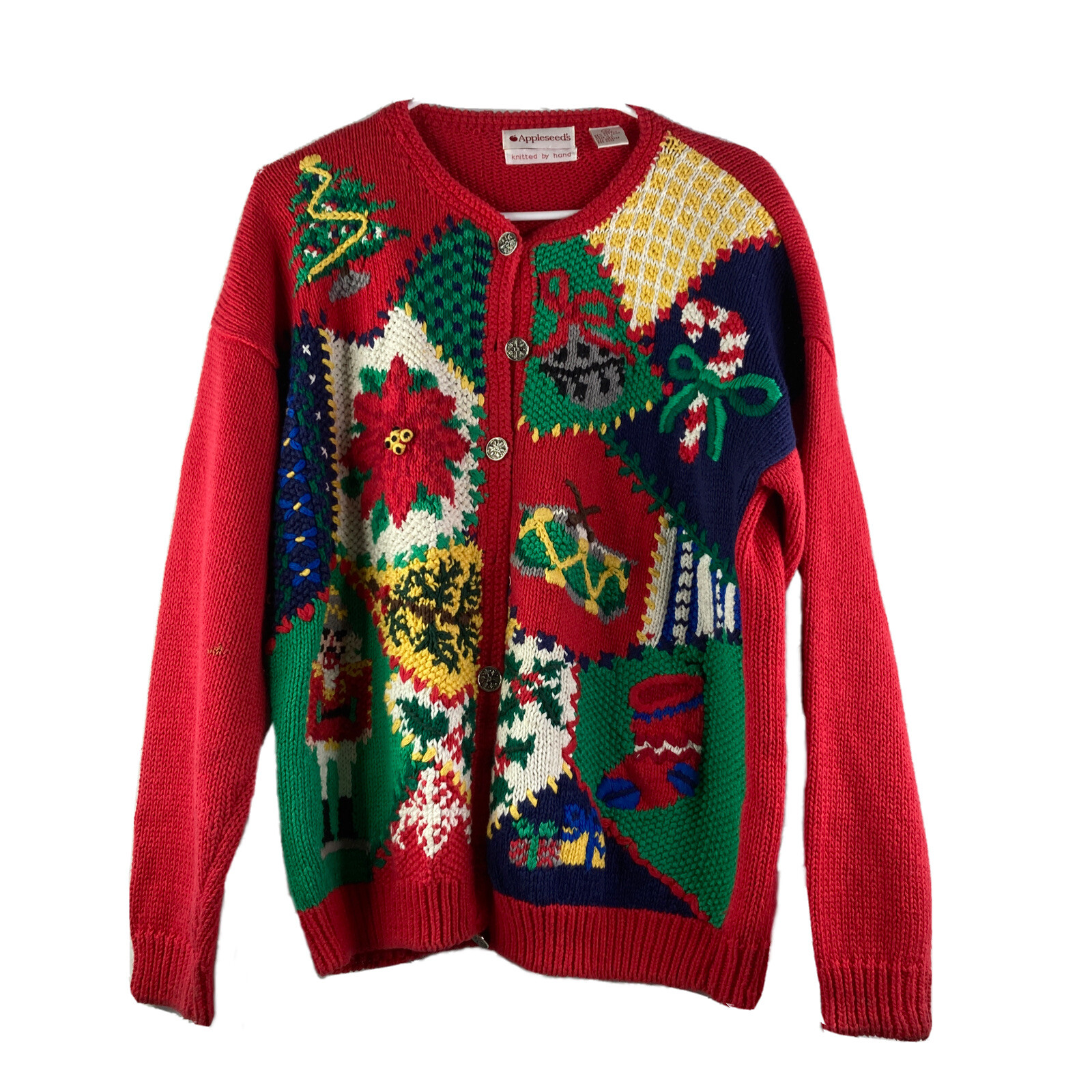 Appleseeds Christmas Cardigan Sweater Hand Knit Women… Gem