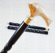 Brass Fish Derby Handle Hand Carved 3Fold Black Spiral Wooden Walking Stick Cane