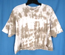 LA LUXE Brown/White TIE-DYE Knit CROPPED Cut-Off Hem PULLOVER T-Shirt Top S