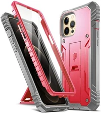 For iPhone 12 Pro Max Case Poetic Dual-Layer Built-in-Screen with Kickstand Pink