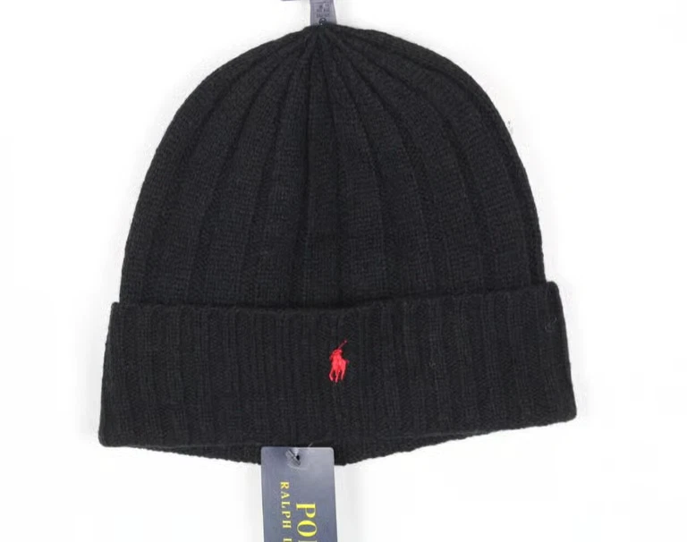 Polo Ralph Lauren Men's Cuffed Beanie Black Red Pony Wool Blend