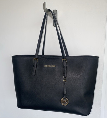 Michael Kors Damen Tragetasche Shopper Saffianoleder Schwarz Gold-Logo RV