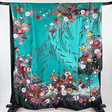 Peony Cherry Blossom Kimono Blue-green Silk L Used Japan Art Traditional