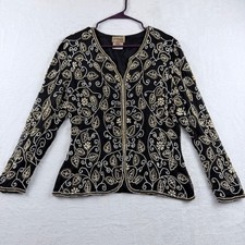 Stenay Beaded Faux Pearl Silk Jacket Glam Evening Holiday Black Gold Medium