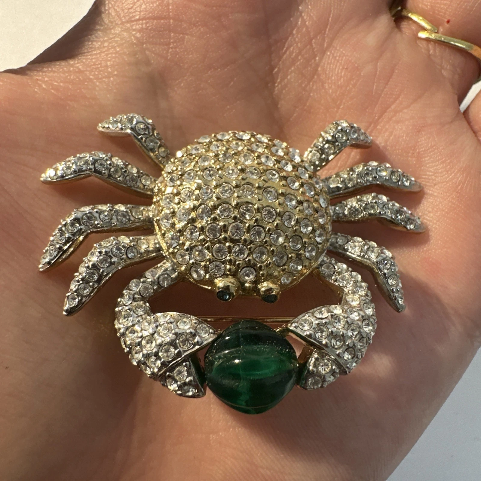 Broche Crabe Strass Blanc Et Pierre Verte Bijoux Fantaisie